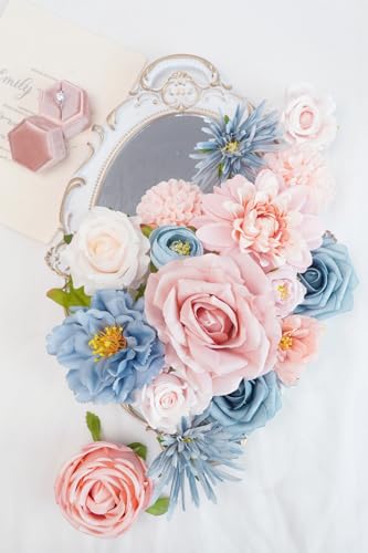 Artificial Flower Combination Box Set Artificial Flower Loose Leaves and Stems DIY Wedding Center Bouquet Bride Wedding Baby Shower（Nostalgia Blue Powder） - color: Nostalgia Blue Powder