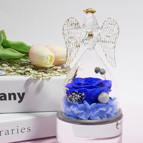 Miofula Gifts for Mom Birthday Gifts for Women, Preserved Flowers Rose in Glass Angel Figurines, Fresh Flowers for Delivery Anniversary Forever Real Roses Gifts for Mothers Grandma Her Wife Girlfriend - color: Blue