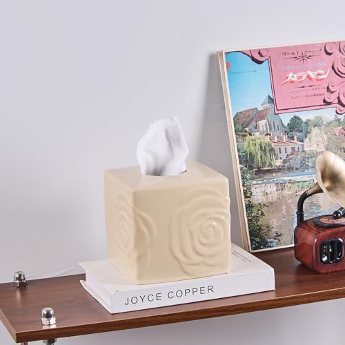 Beige Ceramic Cube Tissue Box Cover with Rose – Large Elegant Rose Floral Square Decorative Tissue Box Holder for Bathroom, Bedroom, Office Desk, Kitchen Counter – Perfect Housewarming Gift - color: Beige