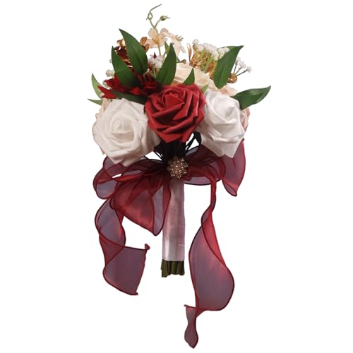 LEIFENY Wedding Bouquets for Bride, Burgundy & White Bridal Bridesmaid Flower with Silk Ribbon, Artificial Toss Rose for Civil Ceremony - color: Burgundy & White