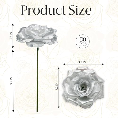 50 Pcs Rose Flower Head, Artificial Flowers Bulk for DIY Crafts, 3in Fake Rose Silk Flower Head wit Stem, Faux Flowers for Decoration, Wedding Home Party Decor Garland Decor (50, Silver) - color: Silver