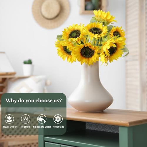 7Pcs Realistic Silk Sunflowers Artificial Flowers,12.6''Fake Sunflowers with Adjustable Long Stem&Detachable Flower Head,Perfect for Home Decor,Wedding,DIY,Sunflowers Decoration for Indoor&Outdoor - size: 7pcs-12.6''