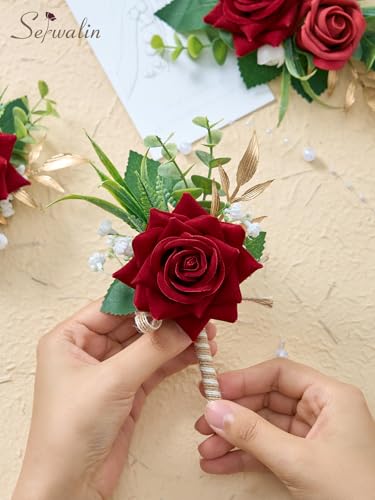 Serwalin Red Rose Corsage and Boutonniere Set, Boutonniere for Men and Wrist Corsage Wristlet Prom Homecoming Wedding Flowers Accessories Party Suit Decorations (red) - color: Red, size: 1 Boutonniere & 1 Wrist Corsage - 2pcs