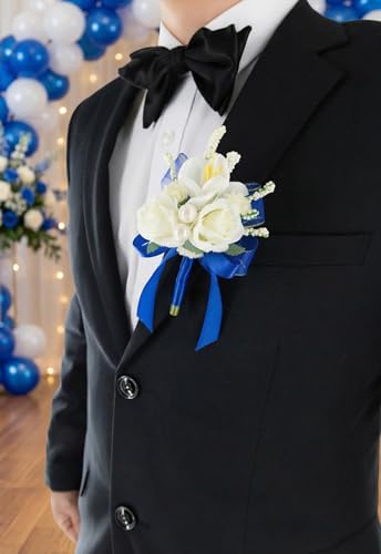 Royal Blue Rose Corsage and Boutonniere Set, Prom Flower Wrist Corsage Wristlet Band Bracelet, Boutonniere for Men White Wedding Flowers Accessories Prom Suit Decorations - color: Royal Blue
