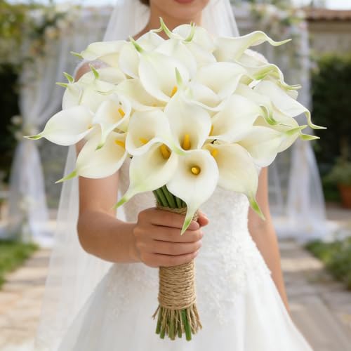 HCTCPALS Artificial Flowers for Outdoors 24 Pcs CallaLily Plant Realistic Silk Fake Flowers for UV Resistant Faux Plants Outdoor Indoor Outside Front Porch Hanging Planter Decoration-13.5" WhiteYellow - color: Calla Lily White-yellow