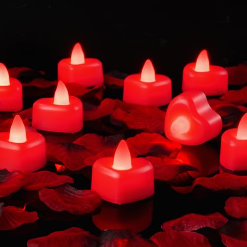 Amagic 1000 Pieces Red Artificial Rose Petals with 12 Red Heart LED Tea Lights, Rose Petals and Candles Set for Proposal, Anniversary, Romantic Night, Wedding Decor - color: 12 Pcs Red Candles + 1000 Pcs Red Petals