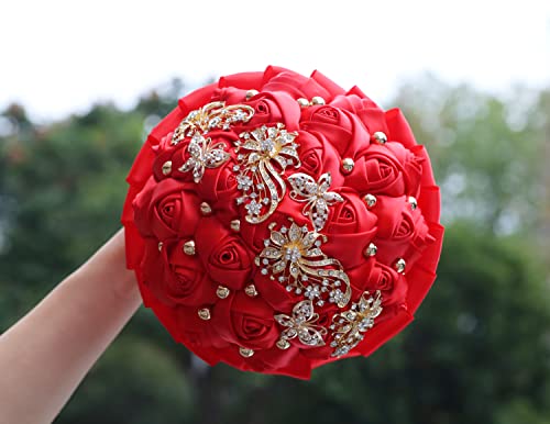 WIFELAI-A Golden Rhinestone Brooch Wedding Flowers Bridal Bouquets Crystal Bride Holding Bouquet White Ivory Satin Roses with Diamond - color: Red