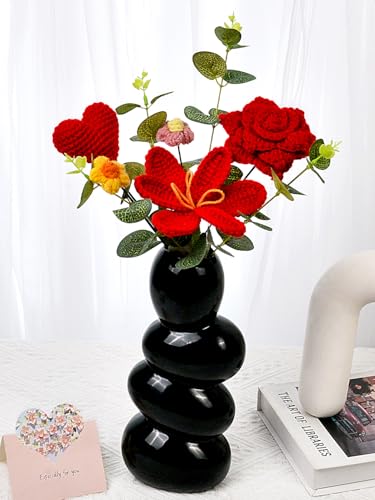 Crochet Flowers Bouquet - Crochet Tulips Roses Love Heart Daisies Knitted Flowers for Valentine's Day Anniversary Wedding Engagement Christmas Birthday Gifts Home Décor, Red - color: Z: Red - Love Heart