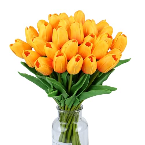 SITUMEIZI 15pcs Fake Tulips Artificial Flowers Real Touch Red 14" PU Flower for Home Kitchen Decor Spring Easter Wedding Bouquet Decorations Office Floral Arrangements(Orange) - color: Orange