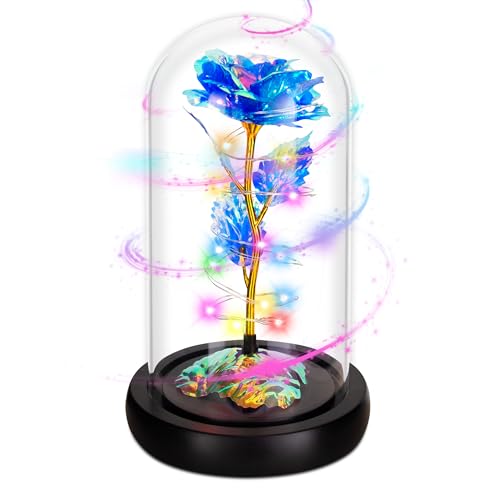 Childom Mothers Day Flowers Gifts for Mom from Daughter Son,Birthday Gifts for Women Mom Grandma Wife,Flowers for Delivery Prime,Rotating Blue Light Up Rose in A Glass Dome,Wedding Valentines Gifts - color: Rotating Blue Colorful Large