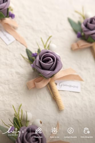Ling's moment Boutonniere for Men, 6pcs Groom Groomsmen Boutonniere, Artificial Flowers for Wedding Decor/Prom/Homecoming, etc.Lilac Berry - color: Brn-lilac & Berry