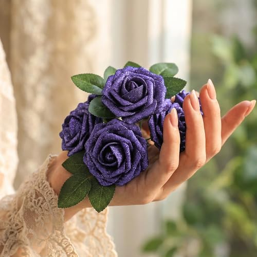 30Pcs Lavender Artificial Crystal Rose Artificial Flowers, Realistic Fake Crystal Roses for Wedding Center Decorations, Party Home Decorations, Valentine's Day, Bouquets. - color: 30pcs Light Purple