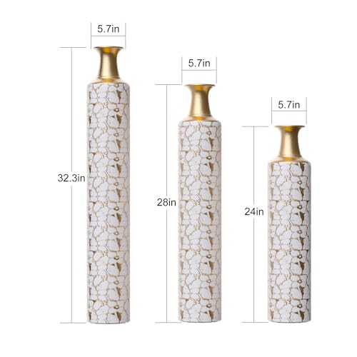 Floor Vases, Tall Home Decor Metal Vase Set of 3 Large Glazed Decorative Vases for Wedding Decor, Elegant Modern Flower Holder for Living Room, Entryway, Hallway - color: Pebble Ivory Gold