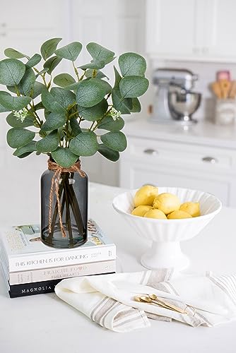 Briful Artificial Eucalyptus Stems in Black Glass Vase with Faux Water, 14" Fake Plant Eucalyptus Leaves for Home Office Farmhouse Wedding Centerpiece Décor, 2 Packs - color: Black Dual