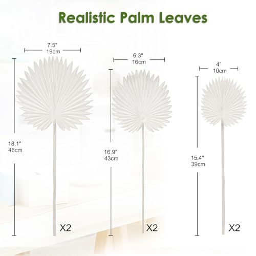 6 Pcs Pu Foam White Artificial Palm Leaves Faux Palm Tropical Leaves Fake Palm Fronds for DIY Wedding Bouquets Fake Leaves for Centerpieces Arrangements Bridal Shower Palm Leaf for Home Decor - color: White Palm