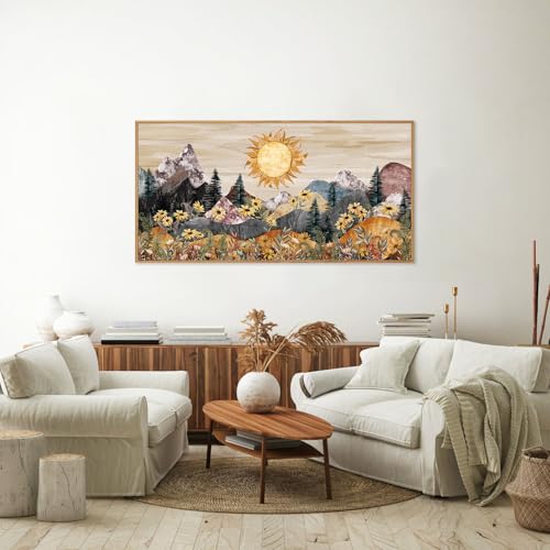 Rantodecor Boho Mountain Framed Canvas Wall Art, Western Daisy Floral Landscape Wall Decor, Rustic Fern Flowers Art Painting, Modern Fantasy Nature Sun Artwork for Bedroom Living Room Office 40"x20" - color: Boho Mountain, size: 40"L x 20"W