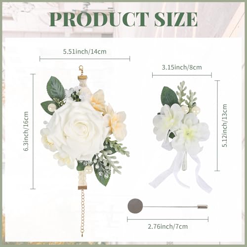 2Pcs Wedding Corsage and Boutonniere Set White Rose Corsage Wristlet and Boutonniere for Men Women Groom Bride Bridesmaid Groomsmen Wedding Party Accessory Prom Decoration (White) - color: White