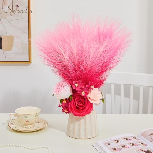 Serwalin Gradient Hot Pink Pampas Grass Decor,17.7 Inch 6 Pcs Artificial Fluffy Pampas Grass,Short Faux Pampas for Home Room Bathroom Table Centerpieces Decoration - color: Z Gradient Hot Pink, size: 17 Inch 6 Pcs