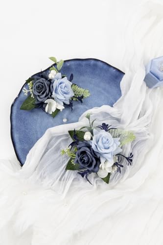 Dusty Blue Corsage and Boutonniere Set for Wedding Prom, Artificial Rose Flower Wrist Corsage Bracelets, Homecoming Corsage Wristlet, Boutonniere for Men Wedding Suit Decorations - color: Dusty Blue