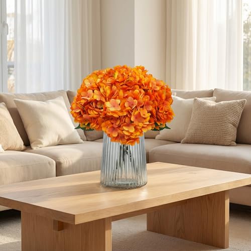 Artificial Fake Flowers Plants Silk Hydrangea 1 Flower Head 5Pcs Stem For Arrangements Wedding Bouquets Decorations Plastic Floral Table Centerpieces Home Kitchen Garden(Burn Orange) - color: Burn Orange