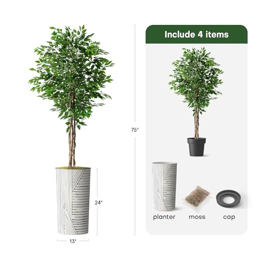 Artificial Tree in Geometric Pattern Planter, Fake Ficus Silk Tree for Indoor and Outdoor Home Decoration - 75" Overall Tall (Plant Pot Plus Tree) - style: Ficus Tree