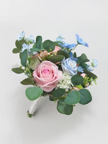 Rinlong Pink Blue Bridesmaid Bouquet for Wedding, Prom, Homecoming | Silk Bridal Bouquet, Destination Friendly - color: 17-white Pink & Blue