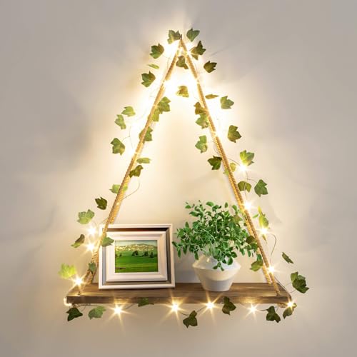 RICHER HOUSE Artificial Ivy LED-Strip Wall Hanging Shelves, Macrame Shelf for Bedroom Bathroom Living Room Kitchen, Wood Hanging Plant Shelves for Wall Décor - color: Ivya*1