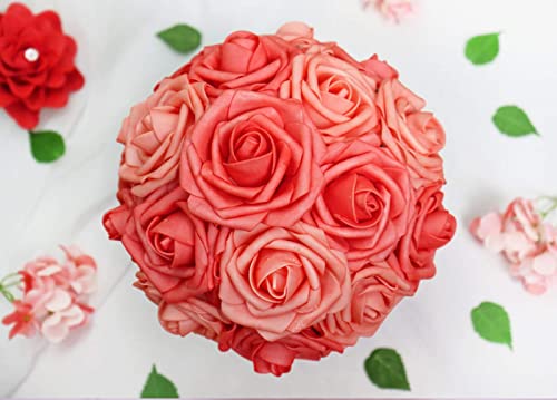 Artificial Flowers 50PCS Real Looking Mixed Living Coral Fake Roses with Stem for DIY Wedding Bouquets Centerpieces Baby Shower Party Home Decorations - color: Mixed Living Coral, size: 3"/50pcs