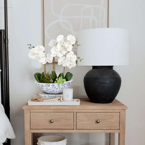 Briful White Orchid Fake Flowers 17in Artificial Orchid Silk Flowers in Blue and White Ceramic Pot Faux Orchid Arrangement for Home Office Bathroom Dining Table Modern Decoration - color: White-blue and White Porcelain Vase