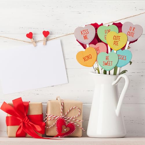 TICIAGA Valentines Wooden Decorative Picks - 14PCS Valentine’s Day Double-Sided Wooden Heart Picks with Words Romantic Farmhouse Decor Colorful Floral Holiday Decorations for Home Vase Filler - color: Colorful Heart With Words