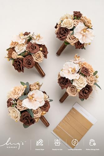 Ling's moment Artificial Bridesmaid Bouquets Set of 4,Brown Wedding Flower Bouquets Beige Floral Bouquet Bridal Bouquets with Ribbon Ceremony Anniversary,7-inch Diameter - color: Walnut Brown