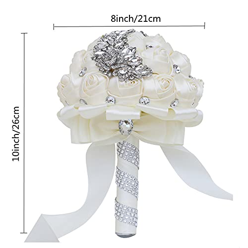 XINNI Handmade Bridal Wedding Bouquet Bride Bridesmaid Satin Rose Flower Bouquet with Meteor Shower Shape Rhinestone Wedding Decoration Ivory - color: Ivory