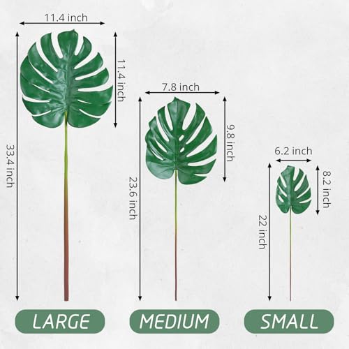 DuHouse 6Pcs Faux Monstera Leaves Artificial Greenery with Long Stems Large Fake Tropical Palm Leaves for Home Wedding Birthday Theme Party Decorations