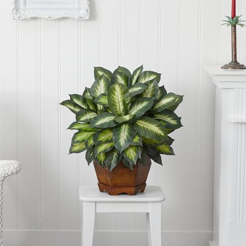 Nearly Natural 24in Artificial Dieffenbachia Silk Plant with Modern Hexagon Planter, Maintenance-Free Indoor Faux Greenery for Room Decor