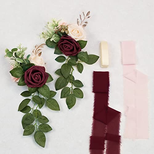 Wedding Aisle Decorations for Wedding Ceremony Set of 10 Pew Flowers for Church Chair Decorations Party Decor with Artificial Flowers Eucalyptus and Ribbons Burgundy - color: New Burgundy