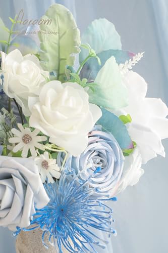 Floroom Dusty Blue Powder Blue Artificial Flowers Fake Roses Dahlias and Greenery Combo Box Set for DIY Wedding Bouquets Bridal Shower Centerpieces Floral Arrangements Party Tables Home Decorations - color: Frosted Dusty Blue