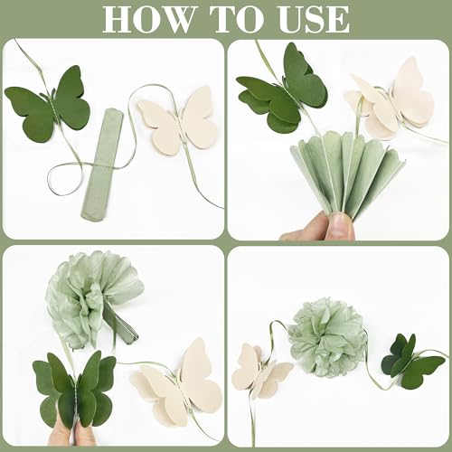 Sage Green Party Decorations Tissue Flowers Pom Pom Olive Green Beige 3D Butterfly Hanging Paper Garland Streamer Banner for Spring Themed Birthday Baby Shower Wedding Tea Party Home Decor Supplies - color: dusty green butterfly