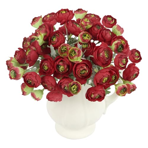 3 Bundles Mini Red Peonies Artificial Flowers,9.84" Red Silk Faux Ranunculus Flower, Artificial Peonies with Stems for Farmhouse Home Office Dining Table Wedding Spring Centerpiece Decor - color: Red Green