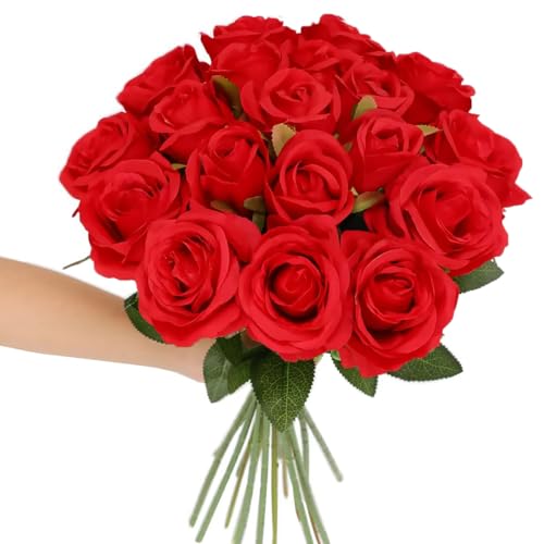 Tifuly Red Roses Artificial Flowers - 12 pcs Realistic Long Stem Fake Roses Mashup Style Silk Flowers for Valentine's Day DIY Bouquets Wedding Centerpieces Arrangements Home Party Decor - color: Red