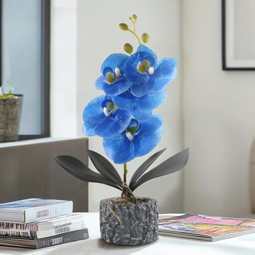 Artificial Orchid with Cement Vase Fake Phalaenopsis Flower Arrangement Faux Plants for Party Exhibition Center Home Decoration(Blue Tall 15") - color: Blue