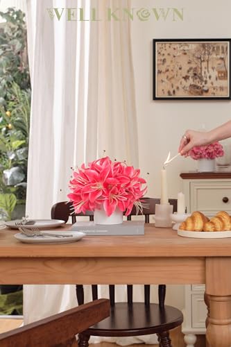 Artificial Flowers in White Vase, Fake Hot Pink Lily Flowers with White Ceramic Vase, Small Potted Faux Floral Arrangements for Home Coffee Tea Wedding Dining Table Centerpiece Lavatory Decor - color: Lily, Pink
