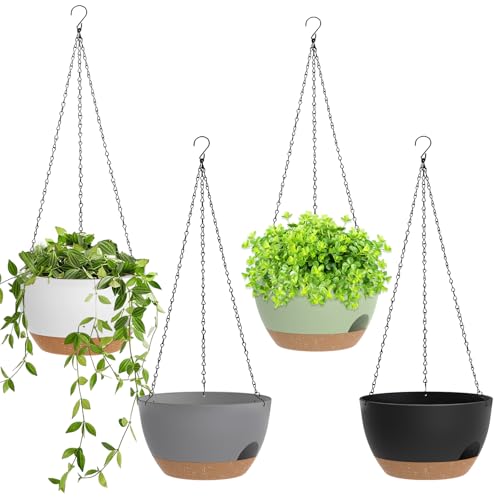 8 Inch Hanging Planters for Indoor Outdoor Plants, 4 Pack Plastic Self Watering Hanging Baskets with Drainage Holes and Chain for Garden Porch - color: Colorful