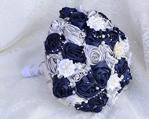 Bridal Wedding Bouquet with Rhinestone Brooch Pearl Bouquet for Bride Bridesmaid Quinceanera Satin Rose Flower Bouquet Wedding Navy Blue and Silver Grey 8.7in - color: Navy Blue and Silver (Standard Size: Dia.8.7")