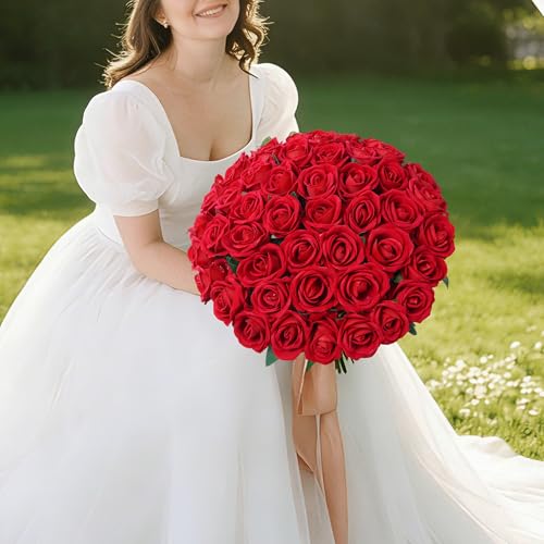 50 PCS Red Roses Artificial Flowers, Real Looking Fake Roses with Long Stems Silk Flowers for DIY Wedding Bouquet Party Celebration Home Bridal Baby Shower Decoration Birthday Gift for Her Wife - color: Red