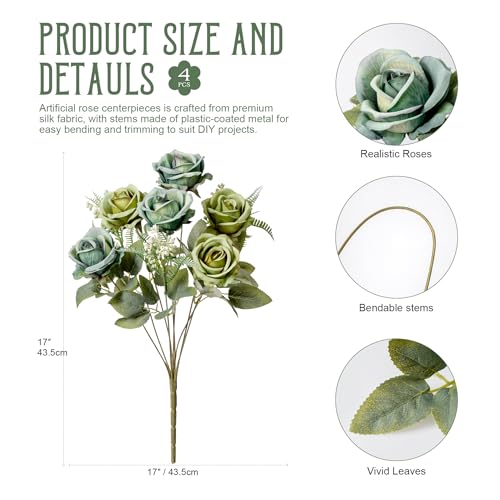 Fake Roses Green Roses Artificial Roses Silk Roses Artificial Roses with Stems 24 Full Flower Heads Faux Roses for Outdoor Indoor Centerpieces home Wedding Farmhouse Decoration No Vase(4PCS,Green) - color: Green 4pcs