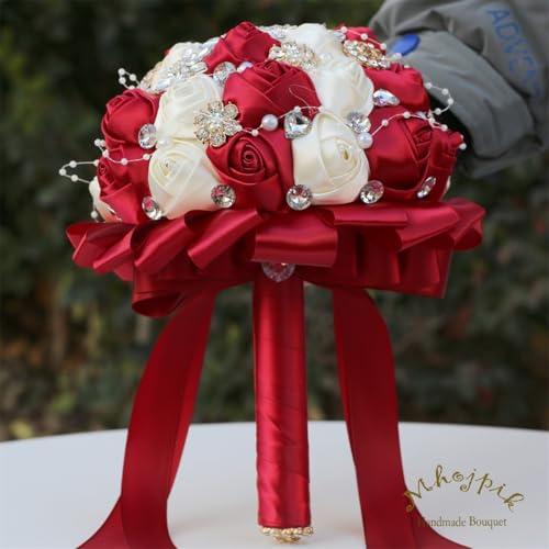 9.8" Dark Red & Ivory Bridal Wedding Bouquet Round Holding Bouquet Throw Toss Artificial Rose Flower Bunch for Bride Bridesmaid Wedding Quinceanera - color: Dark Red & Ivory, size: Large (Dia. 9.8"/25cm)