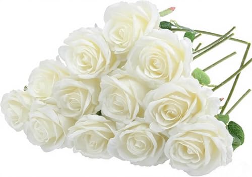 Felice Arts 12 Pack White Roses Wedding Flowers with Stems Artificial Flowers Fake Rose Silk Roses Bouquet for Table Vase Party Home Kitchen Wedding Decor - color: White