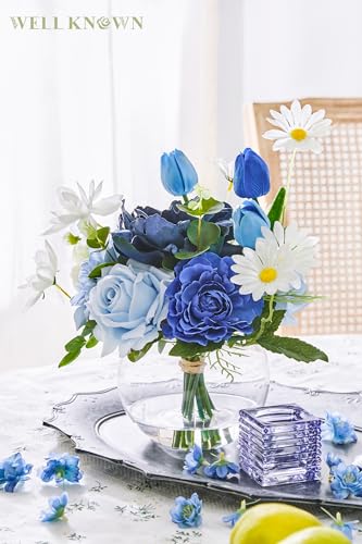 WELL KNOWN Artificial Flowers with Vase, Faux Silk Rose Tulip Flower Arrangements in Glass Vase with Fake Water for Home House Warming Party Wedding Birthday Dining Table Decor & Gift (Mixed Blue) - color: Mixed Blue