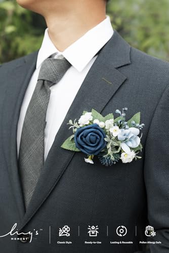 Ling's moment Pocket Boutonniere Single, Boutonniere for Men Groom for Wedding, Prom, Homecoming, Anniversary, Graduation, etc.Dusty Blue Navy, 6" W x 5" H - color: Blu-dusty Blue & Navy, size: 6" W x 5" H