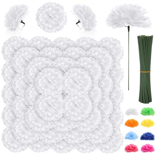 LELEE 108pcs Carnation Head Flowers with Stem, White Artificial Carnations Flowers Bulk, White Silk Carnation Fake Flower for Wedding Bouquet Table Centerpieces Funeral Cemetery Gravesite Decor - color: White